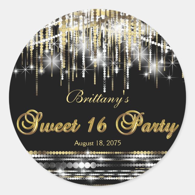 Black Gold Sweet 16 Classic Round Sticker (Front)