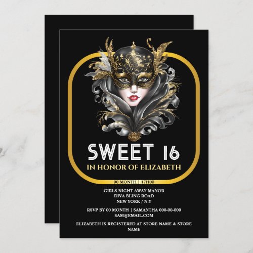 Black gold sweet 16 masquerade girls face mask invitation