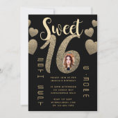 Black Gold Sweet 16 Modern Photo Glitter Invites (Front)