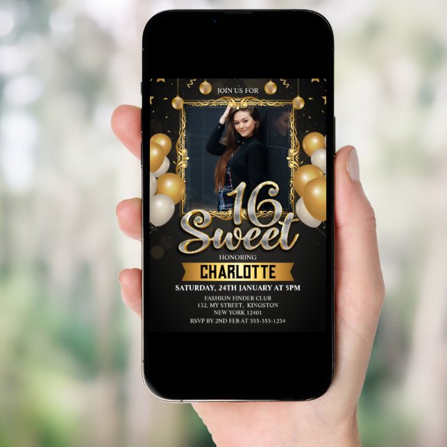 Black & Gold Sweet 16 Photo Glitter Balloon Invitation (Front Digital)