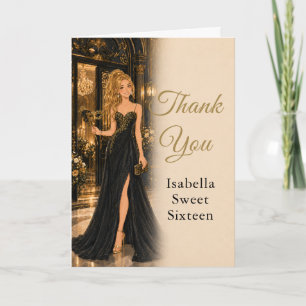 Black Gold Sweet Sixteen Thank You Card