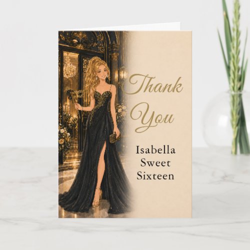 Black Gold Sweet Sixteen Thank You Card