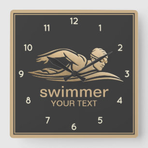 Black Gold Swimmer Swimming Pool Water Custom Square Wall Clock