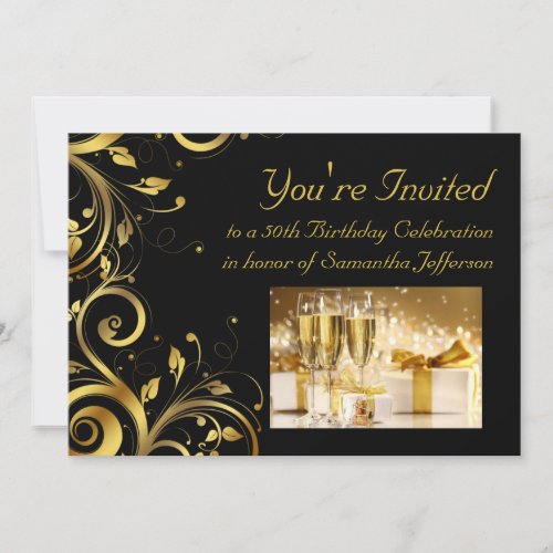 Black &amp; Gold Swirl 5x7 Custom 50th Birthday Party Announcement