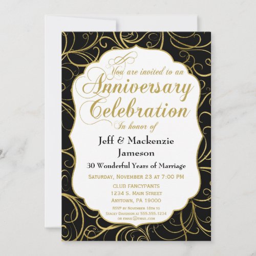 Black Gold Swirl Anniversary Invitation Elegant