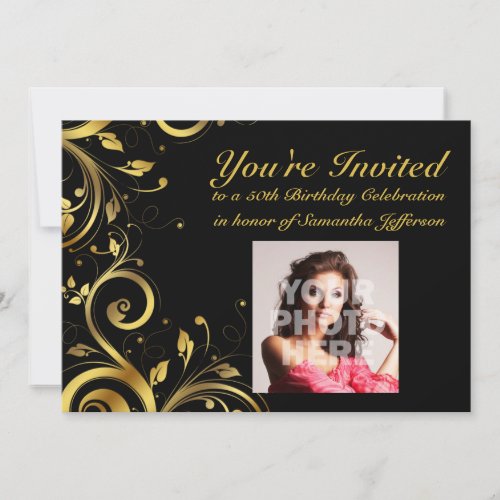 Black+Gold Swirl, Custom Photo 50th Birthday Party Personalized Invitation