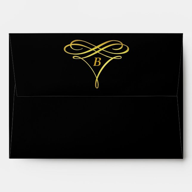 Black Gold Swirl Ornate Monogram Envelope (Back (Top Flap))