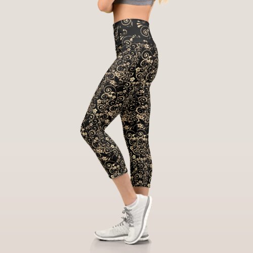 Black Gold Swirl Pattern  Capri Leggings