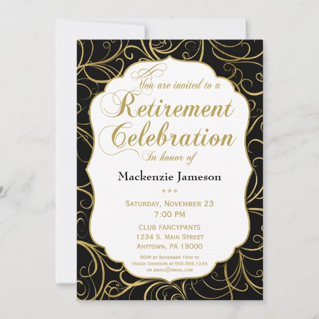 Black Gold Swirl Retirement Invitation Elegant (Front)
