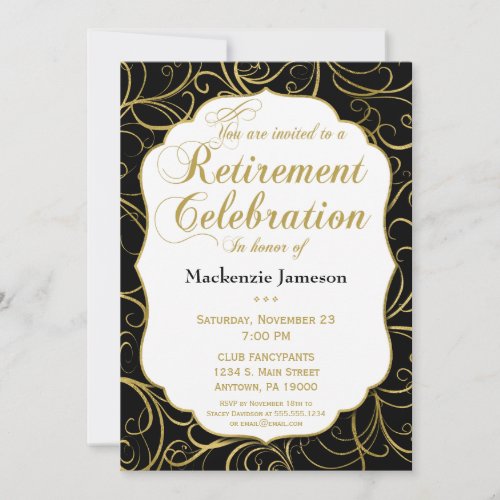 Black Gold Swirl Retirement Invitation Elegant