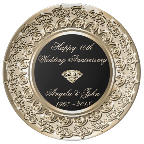 Black  Gold Swirls 10th Wedding Anniversary Dinner Plate