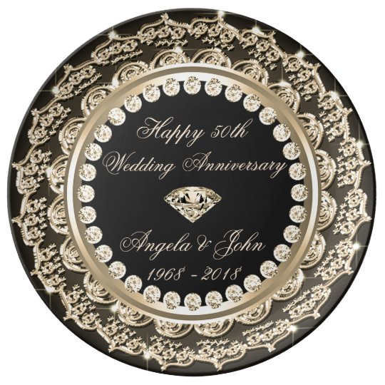 Black Gold Swirls Diamond 50th Wedding Anniversary Dinner Plate ...