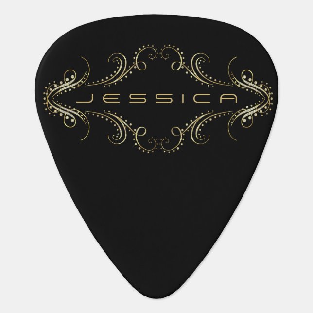 Black & Gold Swirls Vintage Frame Guitar Pick (Front)