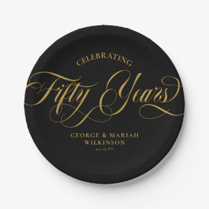 Black Gold Swirly Script 50th Wedding Anniversary Paper Plates