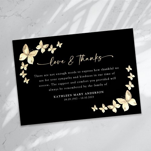 Black Gold Sympathy Butterflies Funeral  Thank You Card