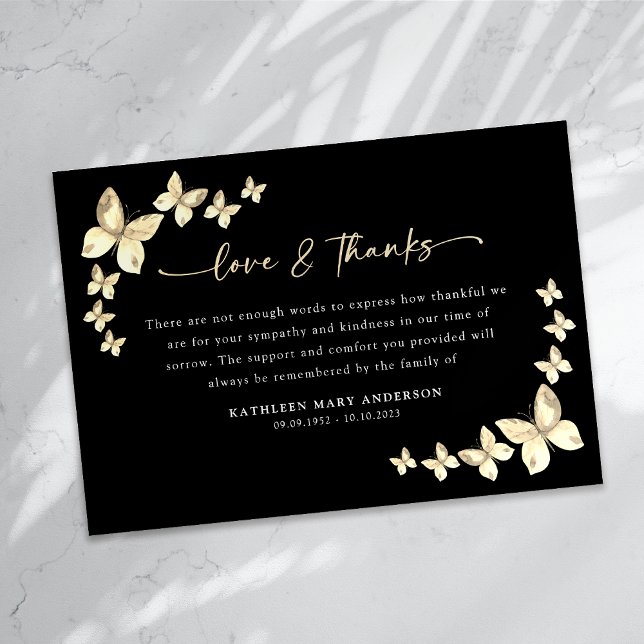 Black Gold Sympathy Butterflies Funeral  Thank You Card (Creator Uploaded)