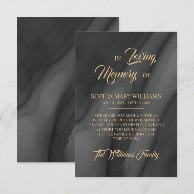 Black & Gold Sympathy Memory Thank You Card (Front/Back)