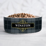 Black Gold Tartan Plaid Customized Bowl<br><div class="desc">Elevate your pet’s dining experience with this personalized pet bowl. Adorned with a classic black and gray tartan pattern, gold accents, and a customizable name, this design exudes sophistication and style. Customize it with a pet’s name to create a unique food bowl for your own pet or as a tasteful...</div>