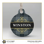 Black Gold Tartan Plaid Customized Pet ID Tag<br><div class="desc">Dress your dog or cat in style with this elegant pet ID tag that features a classic black and gray tartan pattern with a gold emblem and customizable text. Add a pet’s name on the front and phone number on the back to create a one-of-a-kind gift for yourself, new pet...</div>