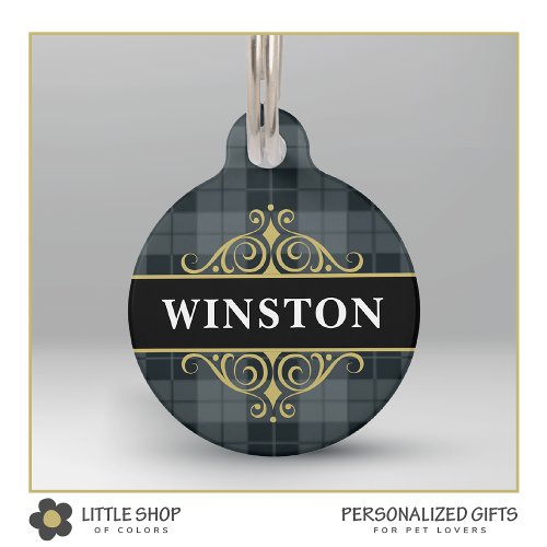 Black Gold Tartan Plaid Customized Pet ID Tag