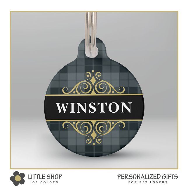 Black Gold Tartan Plaid Customized Pet ID Tag (Creator Uploaded)