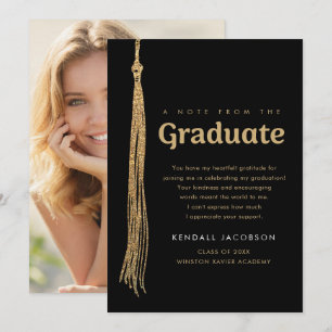 Black & Gold Tassel Note from graduate and photo Thank You Card