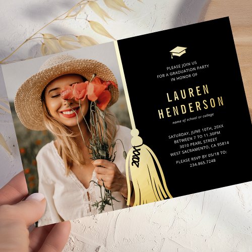 Black Gold Tassel Photo Graduation Party Foil Invi Foil Invitation