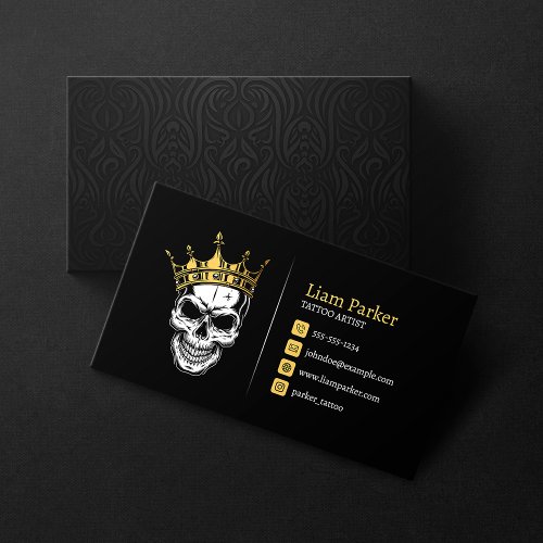 Black  Gold Tattoo Artist Crown Skull Tattoo Shop Business Card