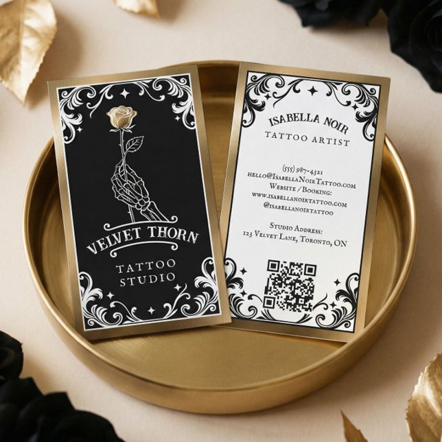 Black Gold Tattoo Artist Skeleton Floral Rose Business Card (Black Gold Tattoo Artist Skeleton Floral Rose Business Card)