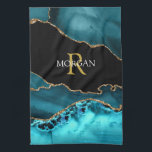Black Gold Teal Agate DIY Gold Monogram White Name Kitchen Towel<br><div class="desc">Personalize with your Gold Monogram and White Name on black,  gold and teal agate. Click “Customize” to change colors and type styles.</div>