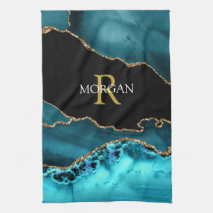 Black Gold Teal Agate DIY Gold Monogram White Name Kitchen Towel