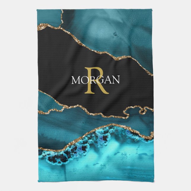 Black Gold Teal Agate DIY Gold Monogram White Name Kitchen Towel (Vertical)
