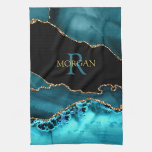 Black Gold & Teal Agate, DIY Monogram & Gold Name Kitchen Towel