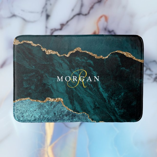 Black Gold & Teal Agate, Gold Monogram & Name Bath Mat (Creator Uploaded)
