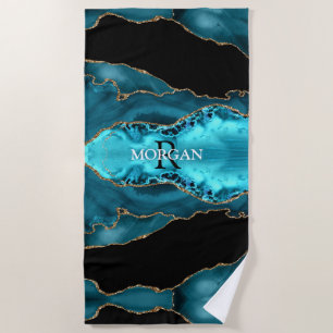 Black Gold & Teal Agate, Monogram & White Name Beach Towel