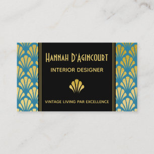 Black, Gold, Teal Art Deco Fans Pattern Chic Business Card