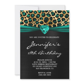 Black Gold Teal Green Leopard Foil 18th Birthday Invitation
