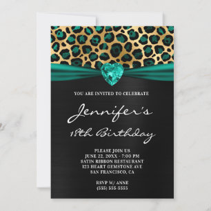 Black Gold Teal Green Leopard Foil 18th Birthday Invitation
