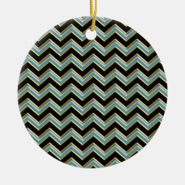 Black Gold Teal ZigZag Ceramic Ornament (Front)