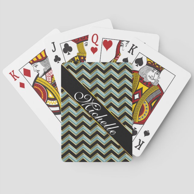 Black Gold Teal ZigZag Poker Cards (Back)