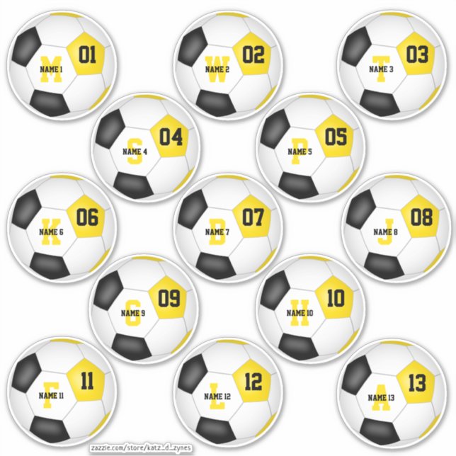 black gold team colors 13 soccer stickers (Front)