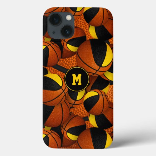 Black gold team colors basketball sports pattern iPhone 13 case