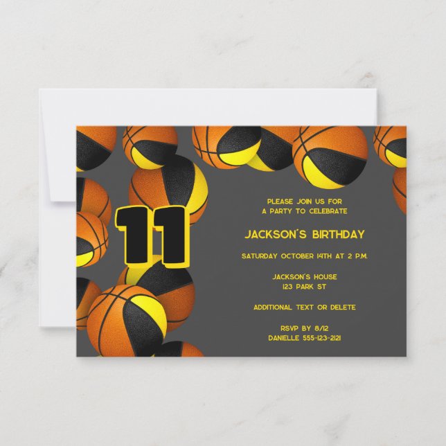 black gold team colors basketballs birthday invitation (Front)