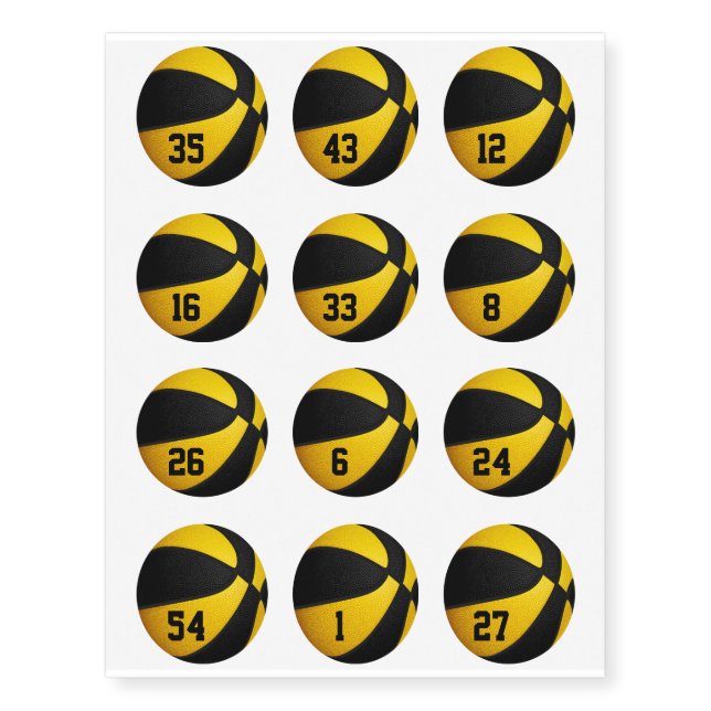 black gold team colors basketballs w jersey number temporary tattoos (Front)