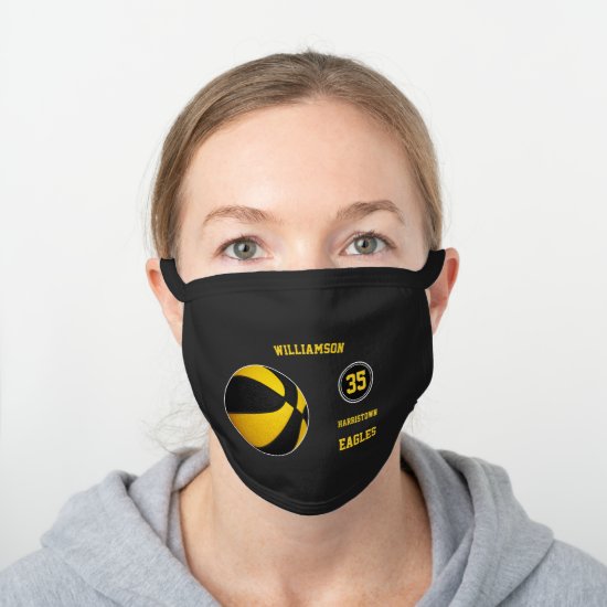 black gold team colors boy girl basketball player black cotton face mask
