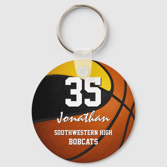 Black gold team colors boys girls basketball keychain (Front)