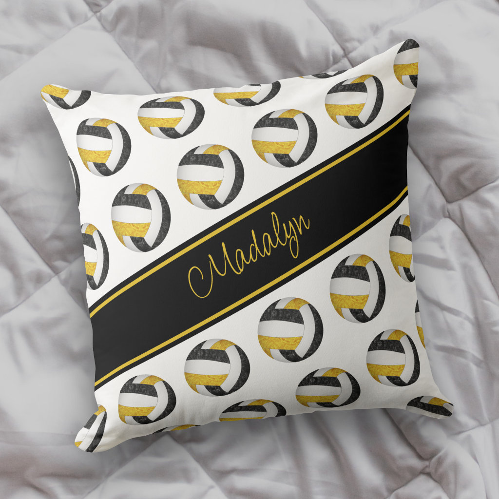black gold team colors girls I love volleyball throw pillow