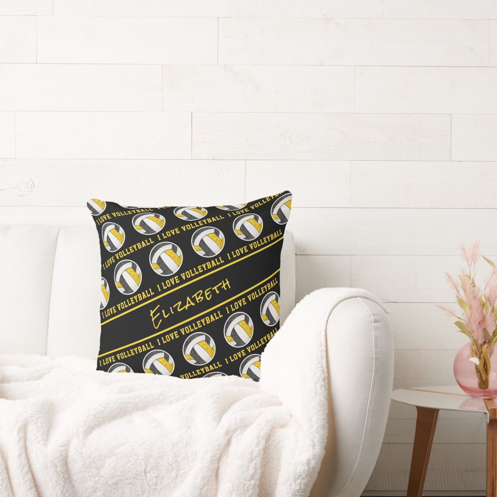 black gold team colors girls I love volleyball throw pillow