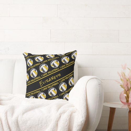 black gold team colors girls I love volleyball Throw Pillow