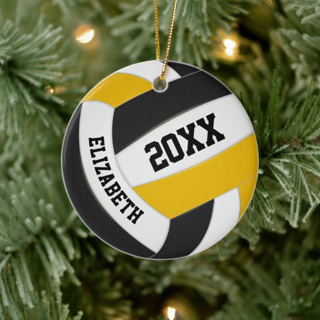 black gold team colors keepsake volleyball ceramic ornament (Tree)